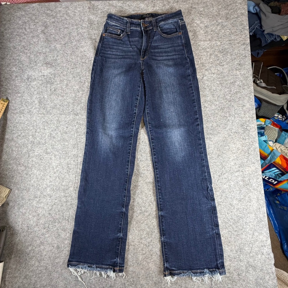 Judy Blue Straight Fit High Rise Dark Wash Raw Hem Jeans 5/27 Indigo Distressed